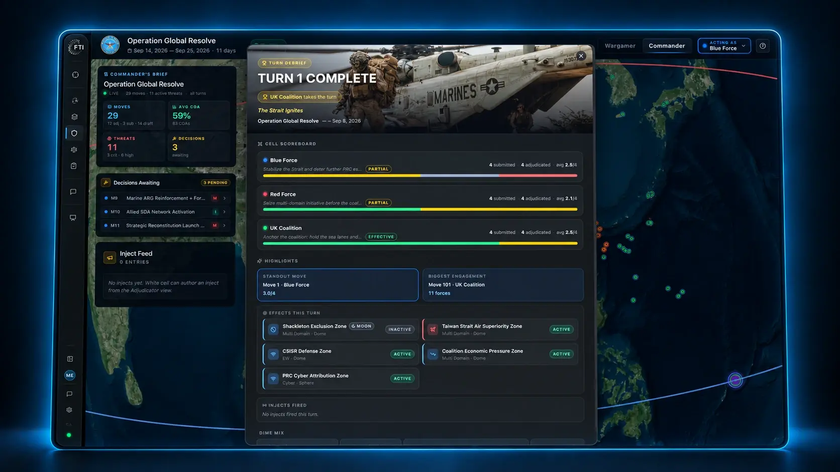 A turn debrief showing the cell scoreboard for Blue Force, Red Force and UK Coalition with moves submitted, adjudicated and average effectiveness, plus the effects active this turn